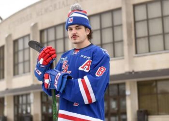 Kitchener Rangers defenceman Arber Xhekaj stands outside the Kitchener Memorial Auditorium.