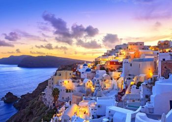 Santorini sunset at dawn village of Oia Greece